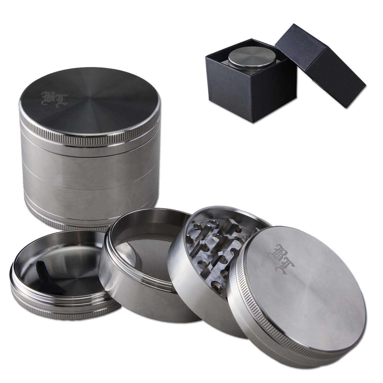 Black Leaf 4 Teilige Kräutermühle aus hochwertigem Edelstahl 62mm Durchmesser