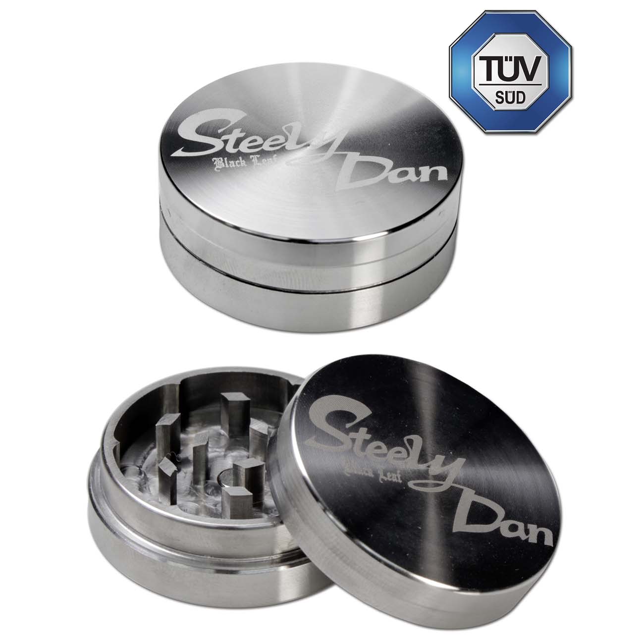 Black Leaf "Steely Dan" Edelstahl-Grinder 2-tlg. Inkl. Reisverschlusstasche in 3 Größen - dein-Onlineheadshop.de