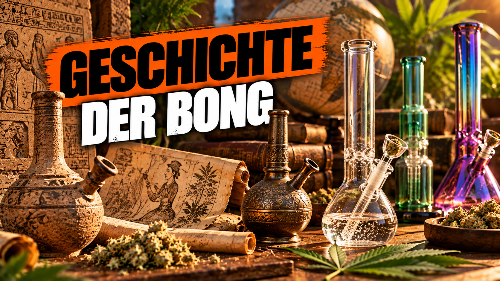 Historische Bambus-Wasserpfeife neben einer modernen Glasbong