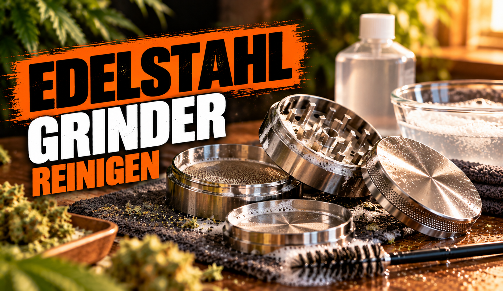Zerlegter Edelstahl Grinder wird mit Isopropanol und Bürste gereinigt