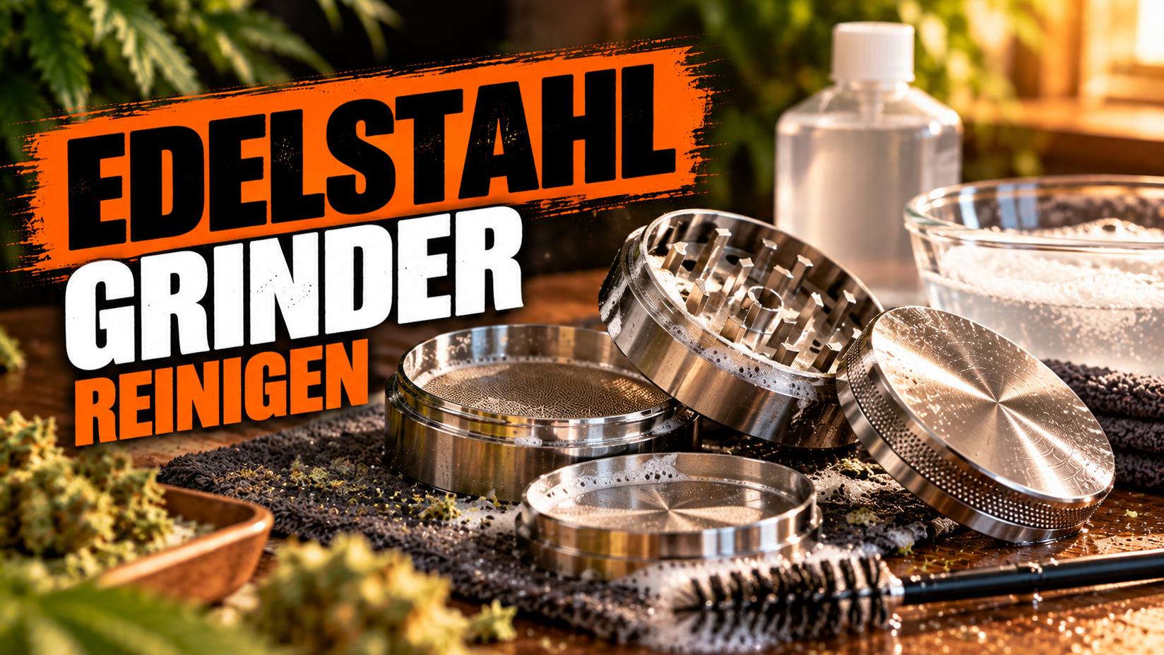 Zerlegter Edelstahl Grinder wird mit Isopropanol und Bürste gereinigt