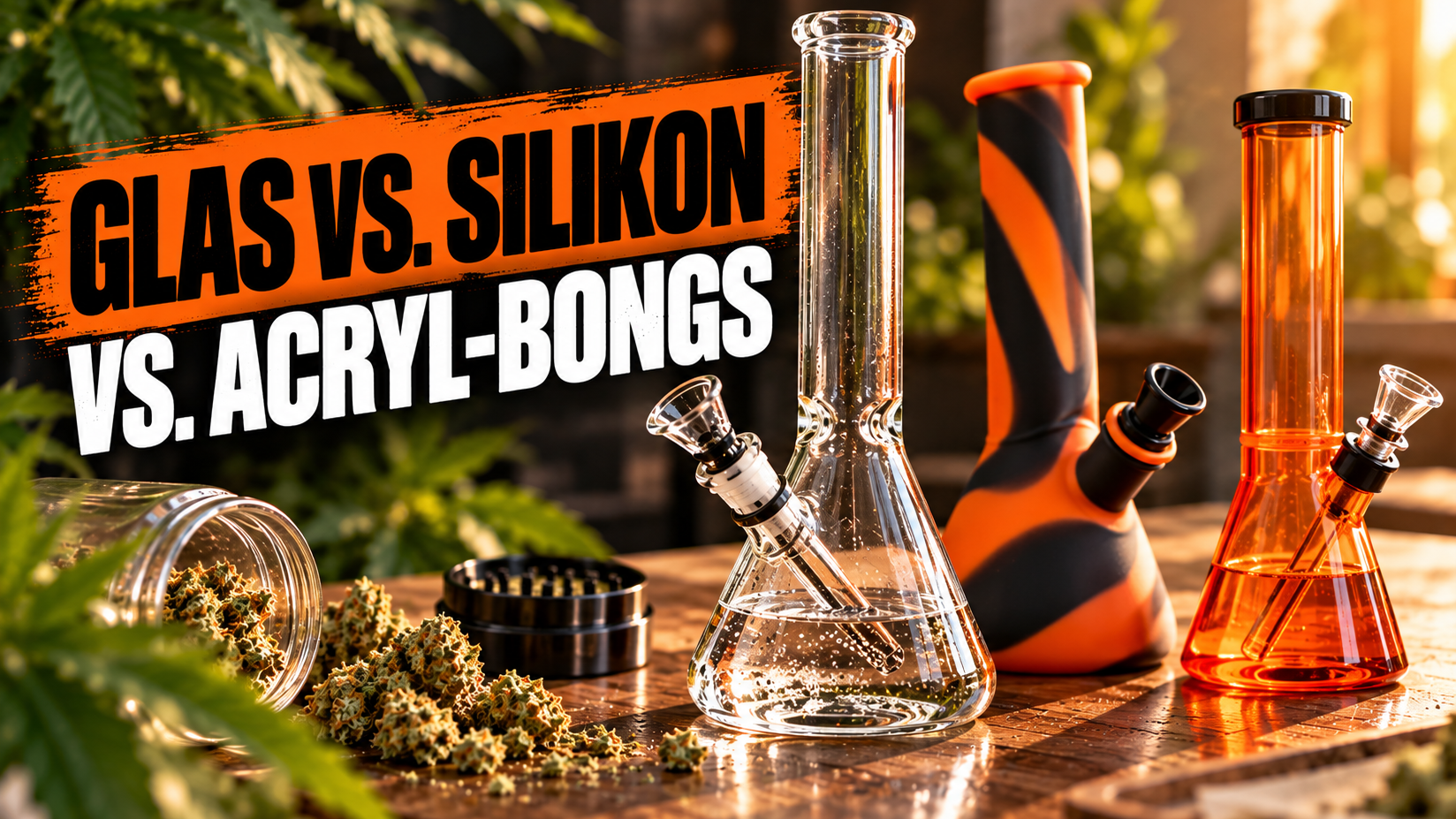 Glasbong, Silikonbong und Acrylbong nebeneinander im Vergleich