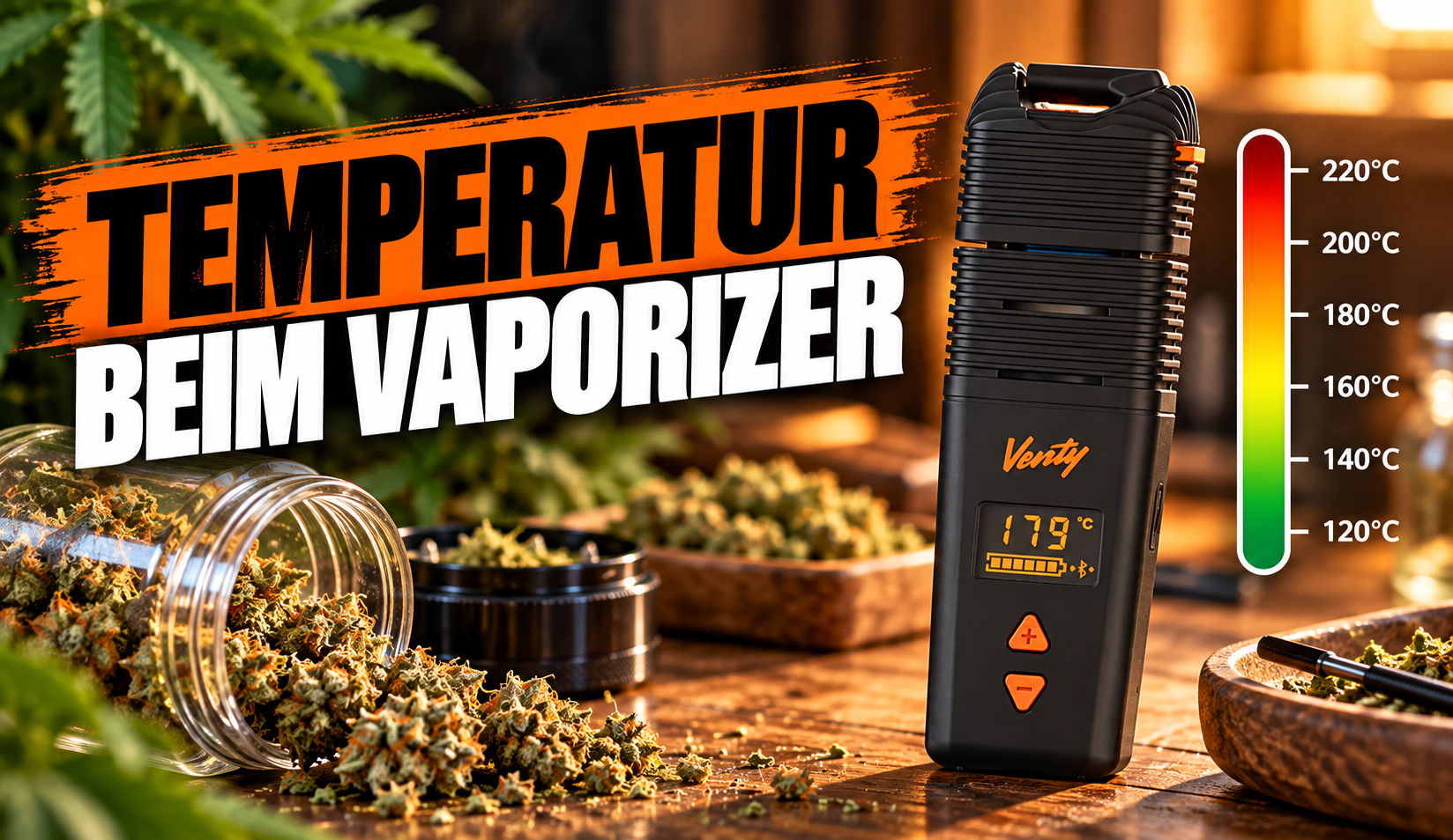 Vaporizer mit Temperaturanzeige und Tabelle der Temperaturstufen