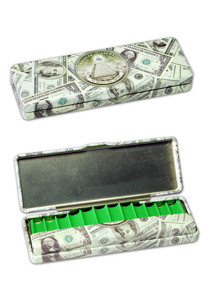 Aufbewahrungsdose aus Blech mit Fach für Filter und Papers im Dollar Design