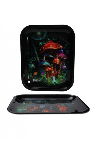 Black Leaf Rolling Tray 340x275x27mm aus stabilem Metall, Pilze Design