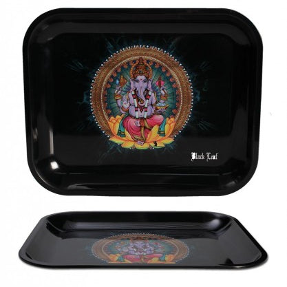 Black Leaf Rolling Tray 340x275x27mm aus stabilem Metall, Ganesha Design