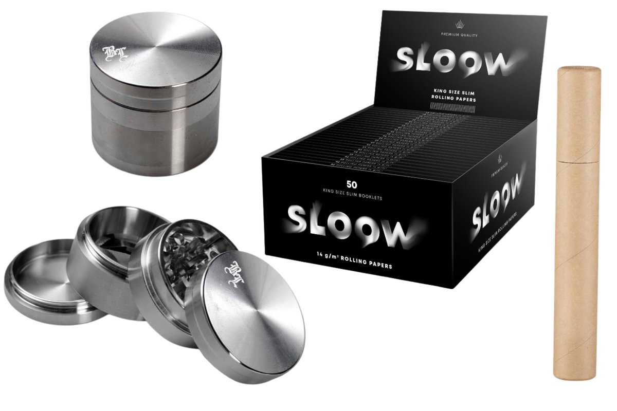 Black Leaf Edelstahl Grinder Ø 59mm + Sloow Longpaper + Jointtube