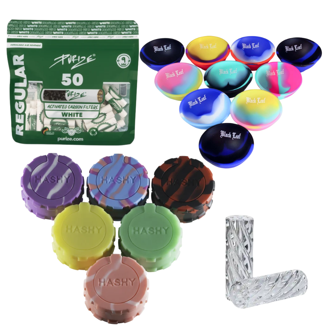 Hash Set für Frozen und Static mit Hashy, Black Leaf Silikonschale, 50 PURIZE 9 mm Aktivkohlefiltern und Heisenberg Glasfiltertip