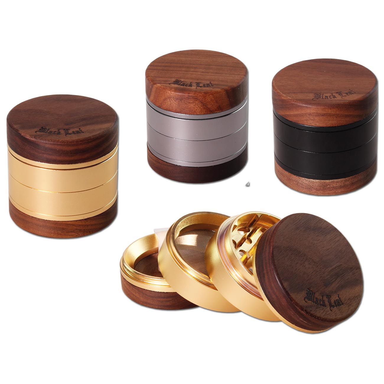 Black Leaf Alu-/ Nussholz Grinder 4-tlg. viele Designs - Ø 60mm