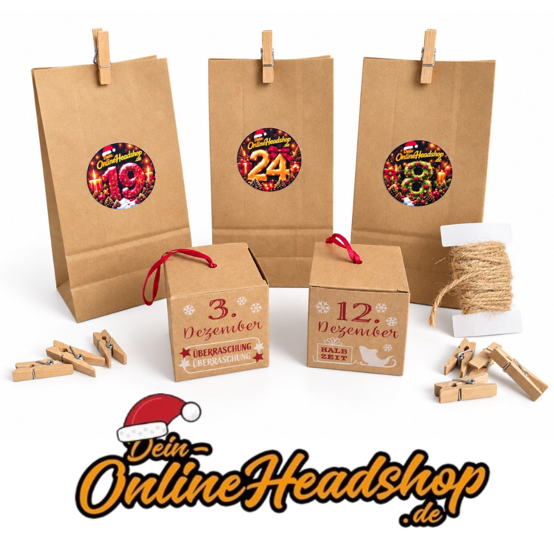Headshop Adventskalender mit bunten Überraschungstüten und Boxen, Schnur und kleinen Wäscheklammern zum Aufhängen und Dekorieren