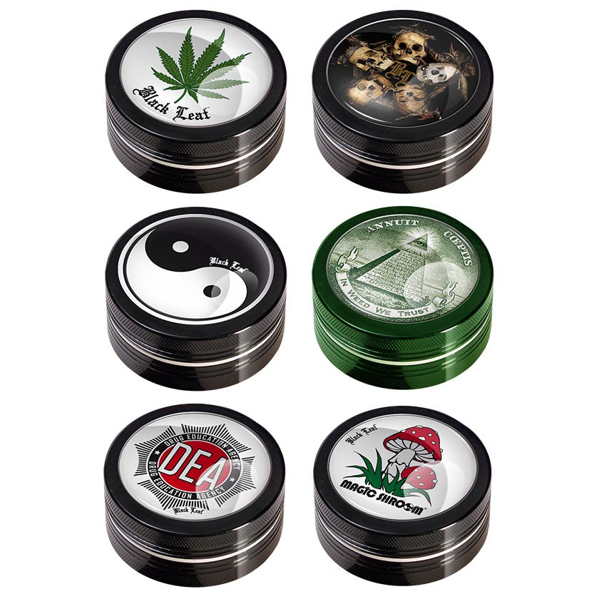 Black Leaf, 2 teiliger Aluminium-Grinder mit 50mm Durchmesser, viele Motive