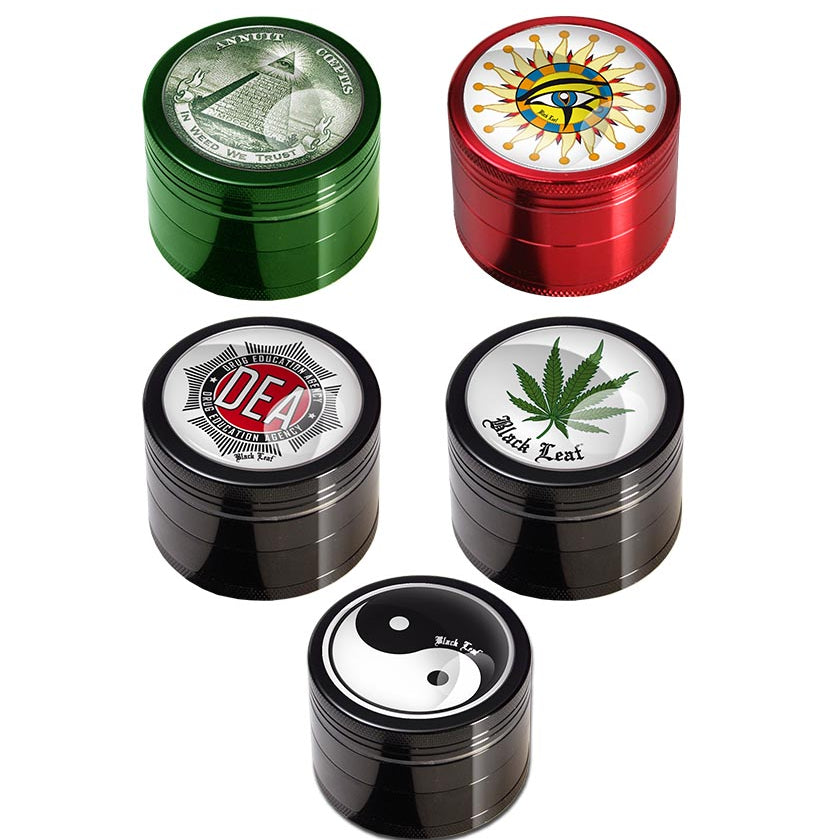 Black Leaf, 4 teiliger Aluminium-Grinder mit 50mm Durchmesser, viele Motive