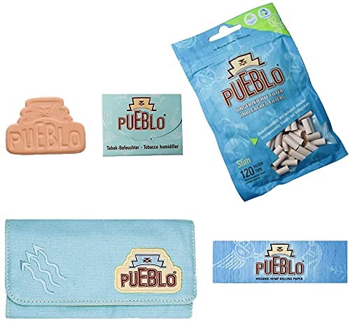 Pueblo Tabakbeutel inklusive Zubehör - aus Canvas Baumwolle in Türkis & Beige