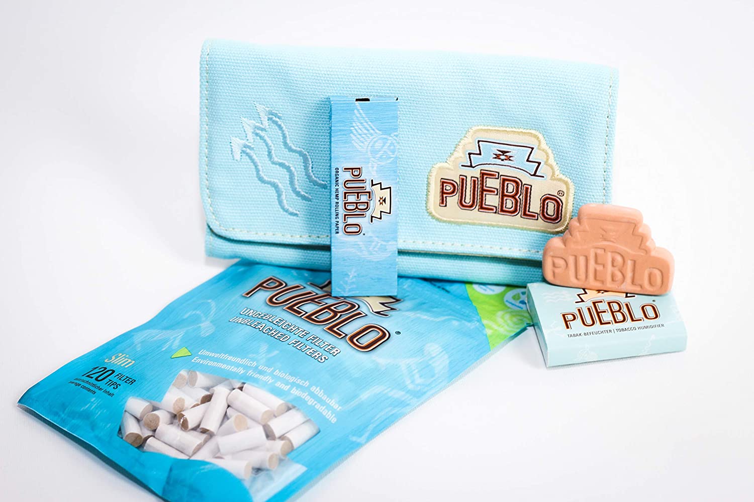 Pueblo Tabakbeutel inklusive Zubehör - aus Canvas Baumwolle in Türkis & Beige